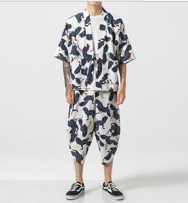 Crop Pants Sets 2Pcs 4475 Mens Retro Chinese Print Short Sleeves Linen T-Shirt