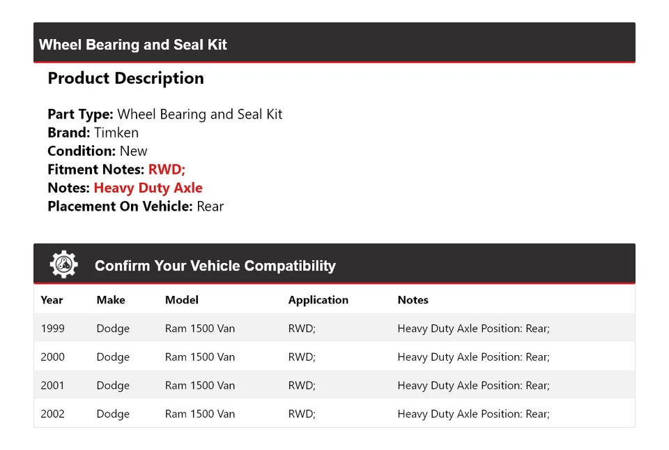 Kit de cojinete de rueda y sello trasero Timken 2000 para camioneta Dodge Ram 1500 1999-2002 tracción trasera Foto 2 de 4