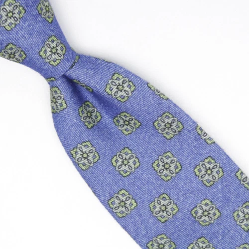 Josiah France Mens Cotton Necktie Sky Blue Green Geometric Chamois Tie Italy