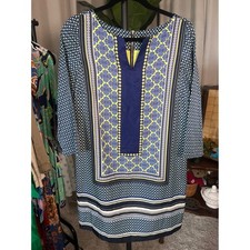 The Limited Womens Blue Yellow Geometric Medallion Print 3/4 SleeveTunic Dress M