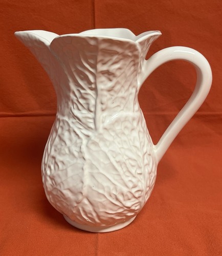 Vintage White Ceramic Cabbage Leaf Pitcher Mid Century Majolica Pottery