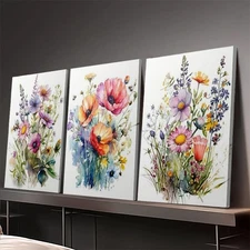 3- piece watercolor wildflower canvas print, vibrant floral wall art, ideal for