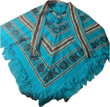 Tejidos Diaz Turquoise Wool Blend Poncho With Colorful Aztec Print