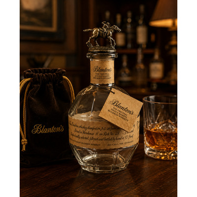 Blantons Bourbon Bottle Empty with S letter Horse Stopper Velvet Bag Collectible