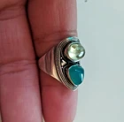 Ancient Vintage Victorian Sterling Silver Ring Green Jade & Quartze Size 7