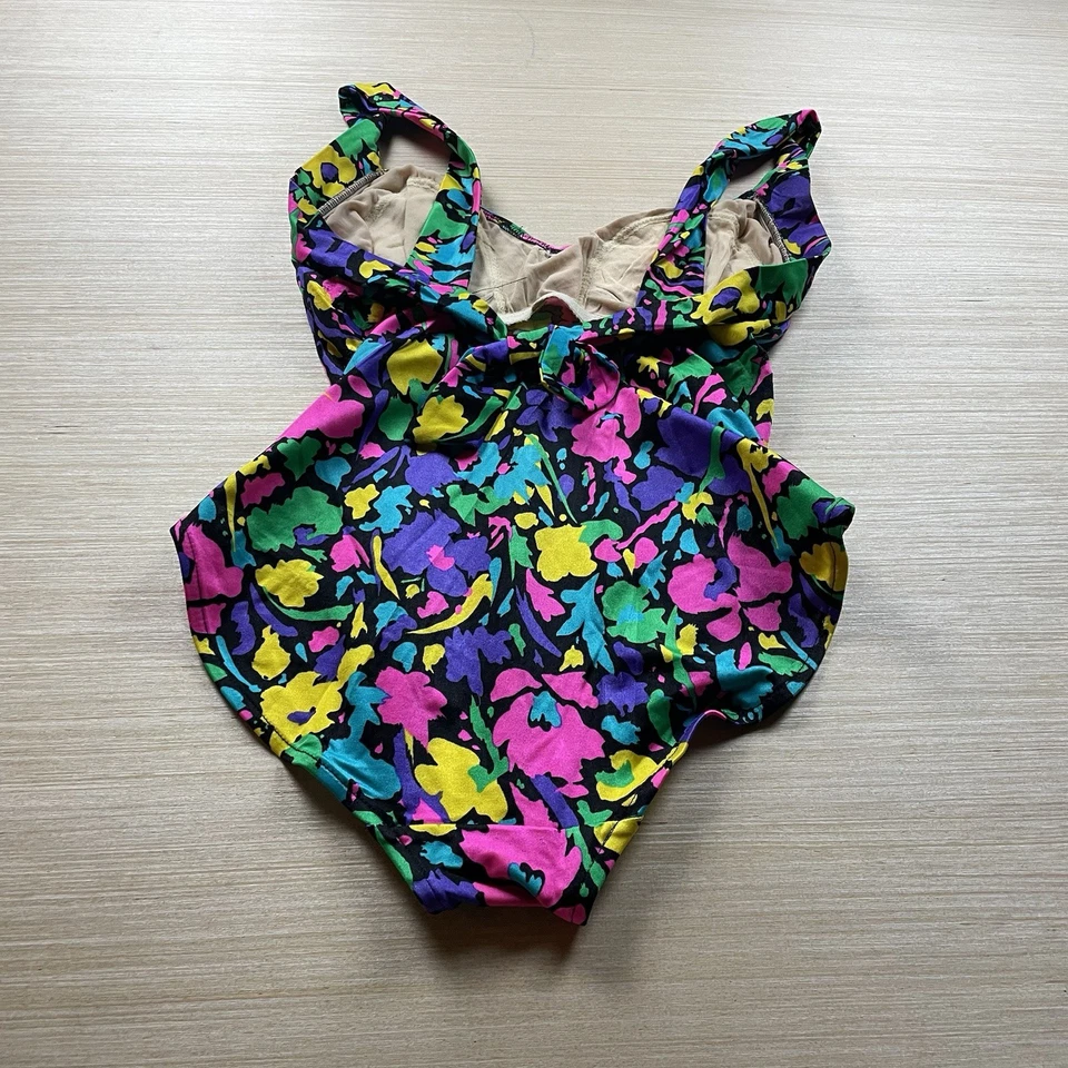 Traje de baño Gabar para mujer 16 rosa lazo floral traje de baño de una pieza años 80 90 vintage Foto 2 de 4
