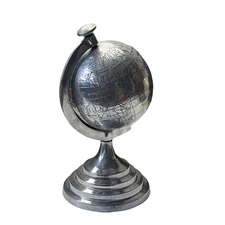 DESK GLOBE LARGE SILVER Decorative Metal Engraved Geographics 10” Alum Patina