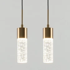 Brass Pendant Light Crystal Column, Pendant Lights, Kitchen Island Lights 2 P...