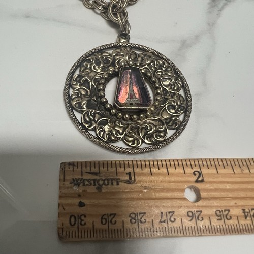 Collana grande ciondolo Torre Eiffel vintage catena tono oro medaglione vetro grosso - Foto 3 di 23