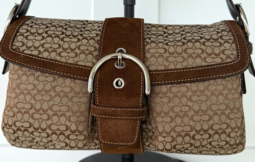 Coach Soho Signature Monogram Beige/Brown Small Shoulder Bag Buckle, Strap