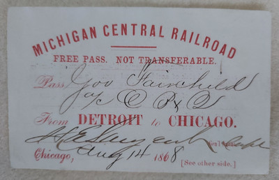 1868 Michigan Central Railroad Free Pass Detroit to Chicago