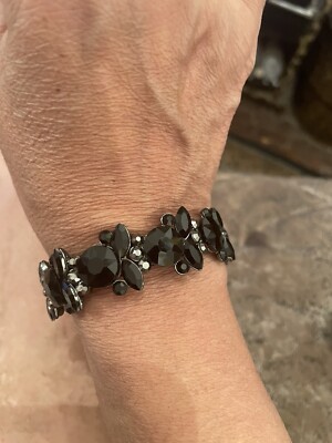 Retro Gatsby Glam Jet Black Navette Crystal Elasticized Bracelet