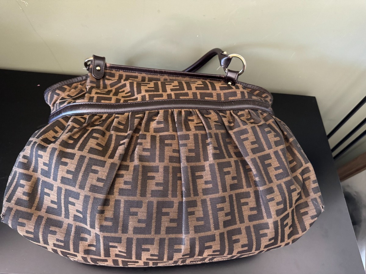 FENDI LARGE ZUCCA SHOULDER SATCHEL BAG CANVAS LEATHER SATCHEL BAG