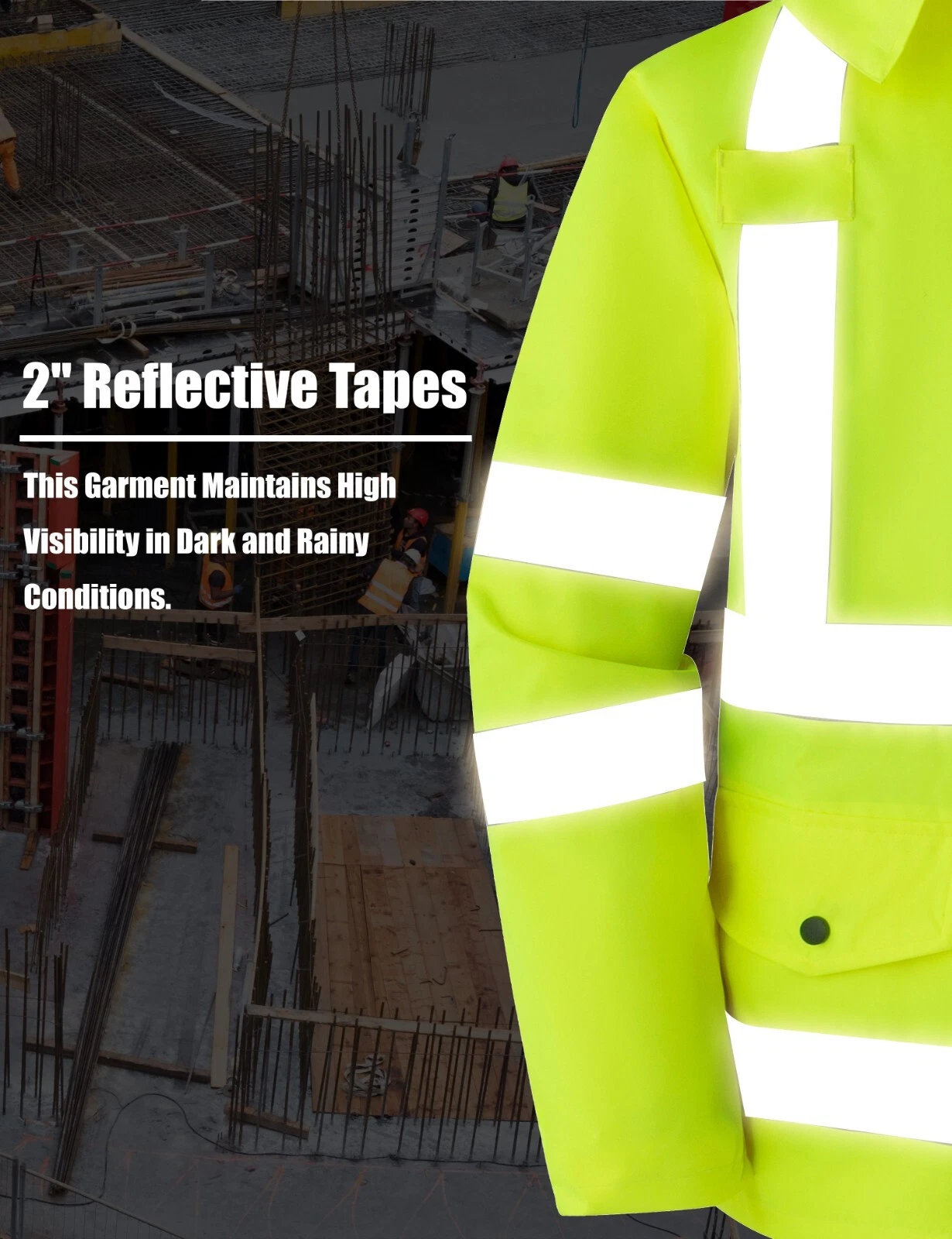 Men Waterproof Safety Rain Jacket Visibility Reflective Safety Raincoat Hooded image 6