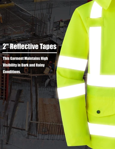 Men Waterproof Safety Rain Jacket Visibility Reflective Safety Raincoat Hooded image 6
