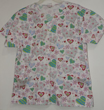 Womens Dickies Multi-color hearts flowers 2-pocket short sleeve scrub top SZ M