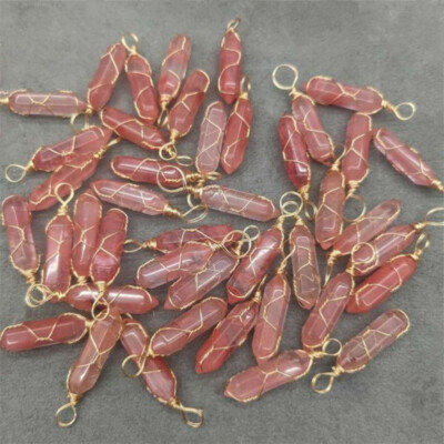 50pcs Artificial Cherry Quartz Stone Pillar Handmade Golden Iron Wire Pendants