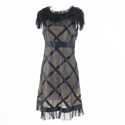 vintage coco chanel dresses 07P P30570 100% Silk Mark Lace Dress Black Beige 38 France Vintage Midi Length Dress