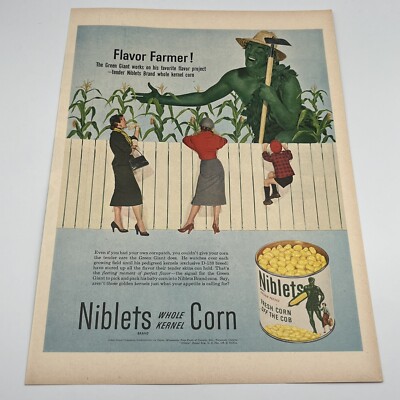 Niblets Corn Green Giant 1953 Vintage Print Ad 10x14'' women talking to giant