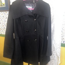 Black Guess Pea Coat With Shiny Buttons Extra Large Wool