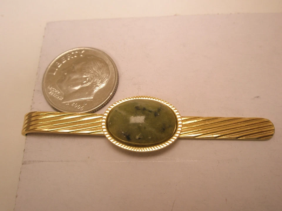 Clip de barra de corbata vintage de piedra verde musgo de 2-1/8" diseño simple de calidad liso Foto 2 de 4