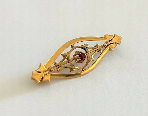 Antike Brosche 10 Karat Gelbgold mit Rubin Anstecknadel - Bild 2 von 8