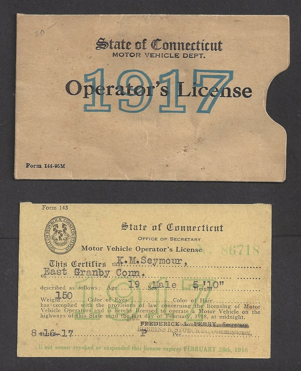 EAST GRANBY, CT 1917 STATE OF CONNECTICUT DRIVER'S LICENSE + HOLDER