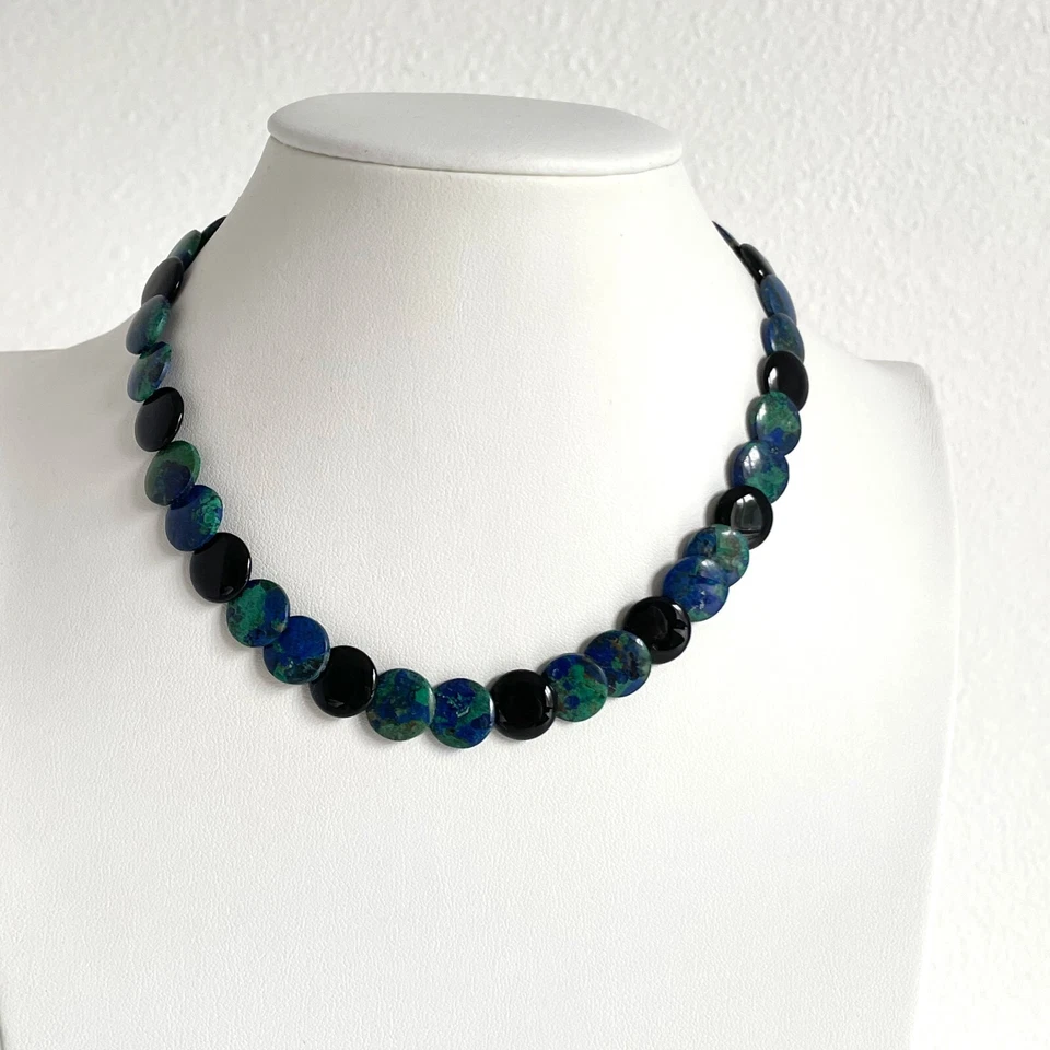 Collar Piedra Semipreciosa Vintage Azurita-Malaquita Ónix Negro Oro 14k Cuentas Foto 2 de 4