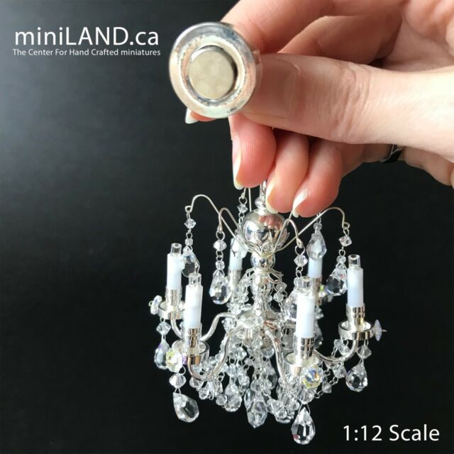 Crystal Silver chandelier 6 arms LED LAMP Dollhouse miniature light battery