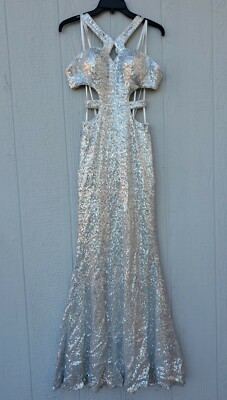 Women's Full Sequin Bling White Silver Long Prom Dress Open Back Sides |  eBay