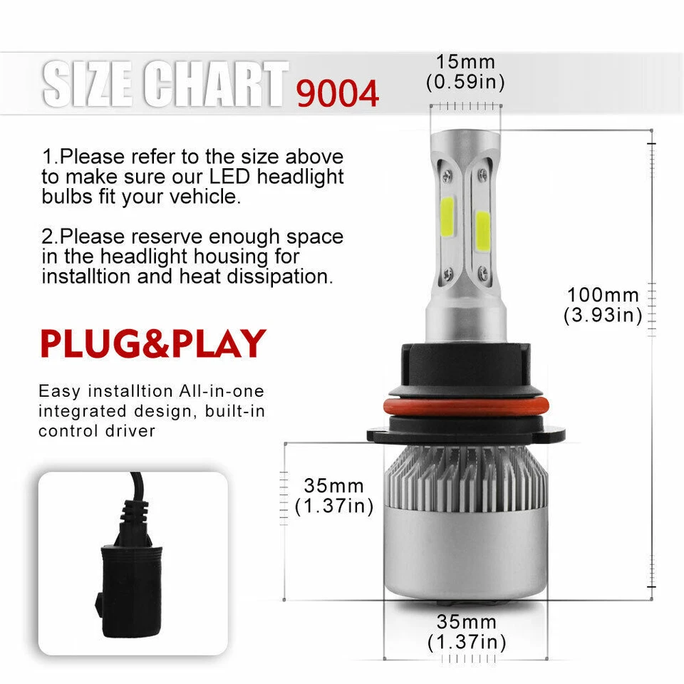 For Toyota 4Runner 1992-1995 6000K 2X 9004 LED Headlight High/Low Beam Bulbs Kit - Image 3 of 4