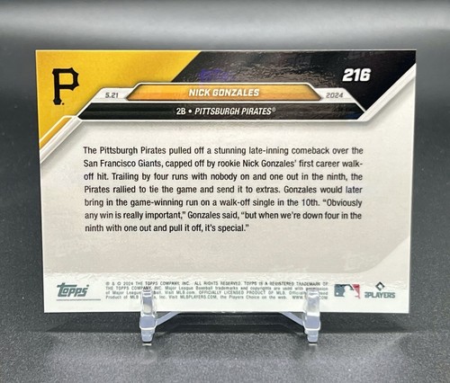 Nick Gonzales 42/49 Blue RC Hits 1st Career Walk Off 2024 Topps Now #216 - Picture 3 of 3