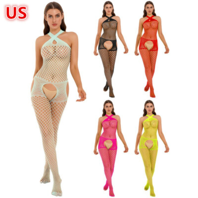 Women's Fishnet Cross Halter Neck Open Crotch Bodystocking See-through Bodysuit
