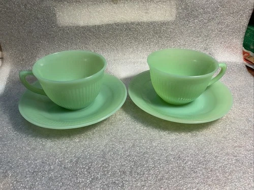 Vintage Fire King Jadeite Jane Ray Ribbed Tea Coffee Cup and Saucers Set of 2