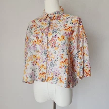 H&M Linen Floral Boxy Cropped Button-Up Shirt Short Sleeve Multicolor Oversize-S