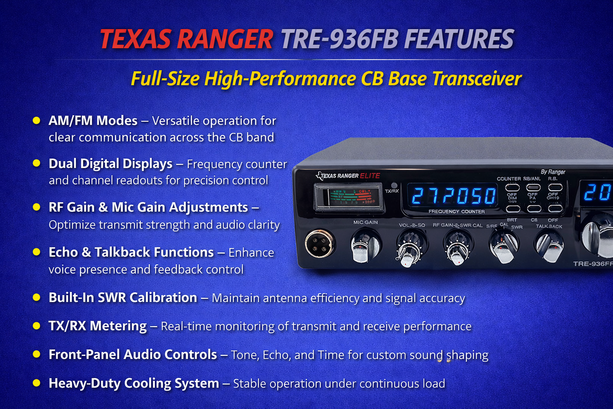 Texas Ranger TRE‑936FFB CB Radio 40 Channel AM Black Face w