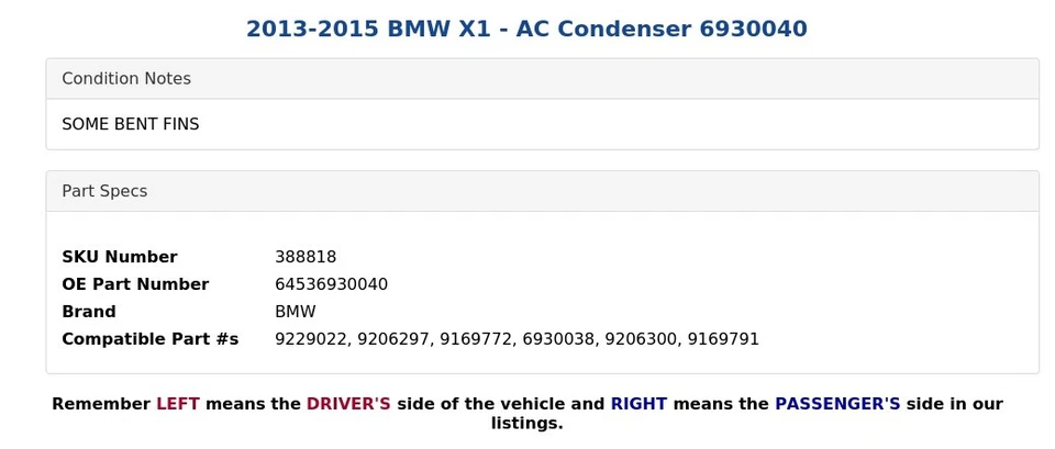 BMW X1 2013-2015 - Condensador de CA 6930040 Foto 4 de 4