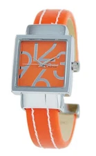 Geneva Platinum women's cuff watch with a square orange dial and a silver bezel