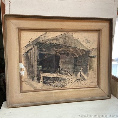 Vintage Original Watercolor Painting Maine Boathouse Dark Old Wood Structure
