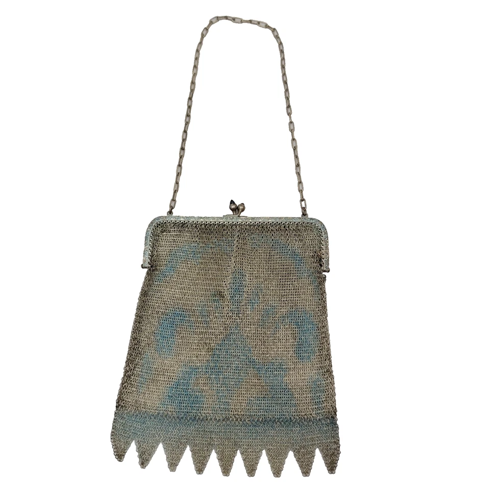 Старинный немецкий золотистый сетки вечер сумка монета сумочки с синий драгоценностями застежки - Изображение 4 из 4