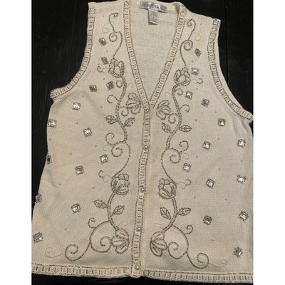 Claudia D Vintage 1997 Beaded Floral Knit Sweater Vest Cream Rhinestone Womens M