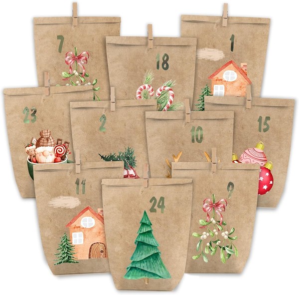 Adventskalender PapiertüTen Zum BefüLlen 24 StüCk Kraftpapier Aquarell Geschenk-image