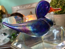 Vines Studio Iridescent Blue Glass Duck Mallard Figurine