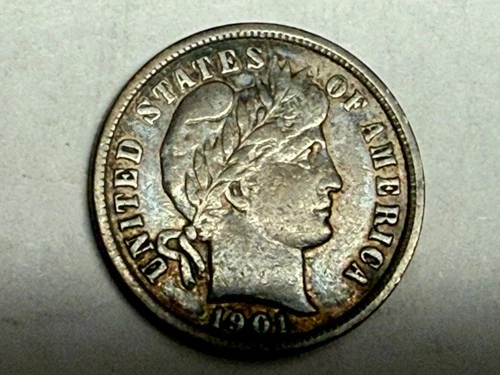 1901 BARBER silver U.S. dime. Strong VF-XF, deep toning. #r1