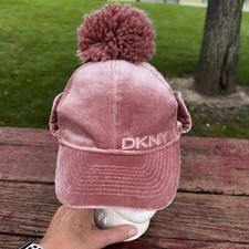 DKNY Rose PInk Velour Girls Youth Hat Cap w Tassle Ball Quilted Flap Snap Worn