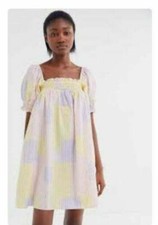 UO Puff Sleeve Babydoll Mini Dress Striped Plaid Printed Cotton Medium M NWT