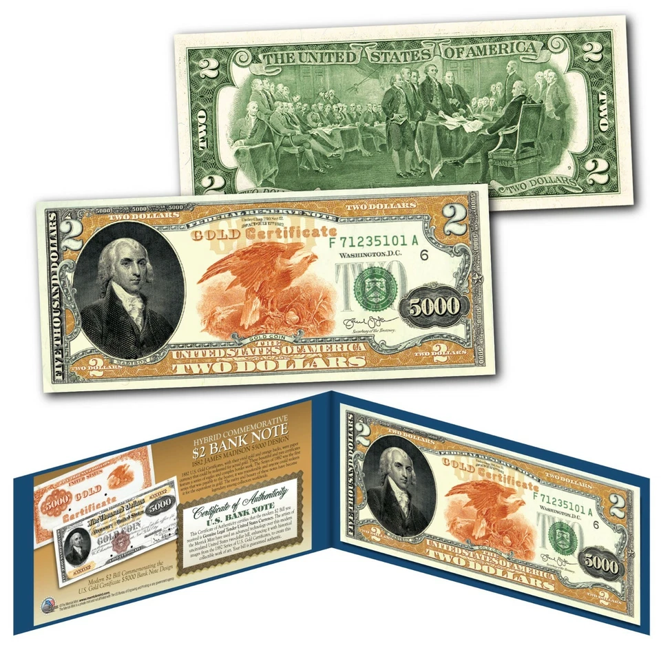 1882 Series James Madison $5,000 Gold Certificate designed on a Modern $2 Bill - Image 3 of 3
