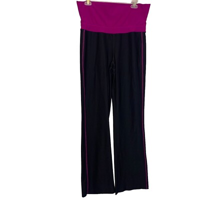 Exersion Leggings Womens Medium Black with Purple Band Stripe Straight Leg
