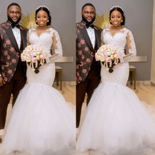 Mermaid Wedding Dresses Long Sleeve Lace Appliques Sweep Train Bridal Gowns