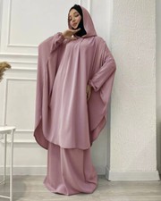 2pcs Set Overhead Khimar Hooded Kaftan Muslim Islamic Women Prayer Dress Ramadan